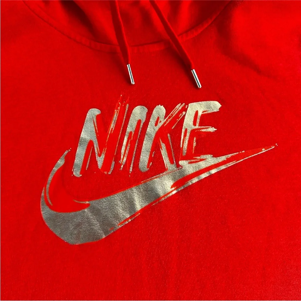Nike Red Hoodie Dress Tunic Metallic Gold Swoosh Warm Fleece Lined